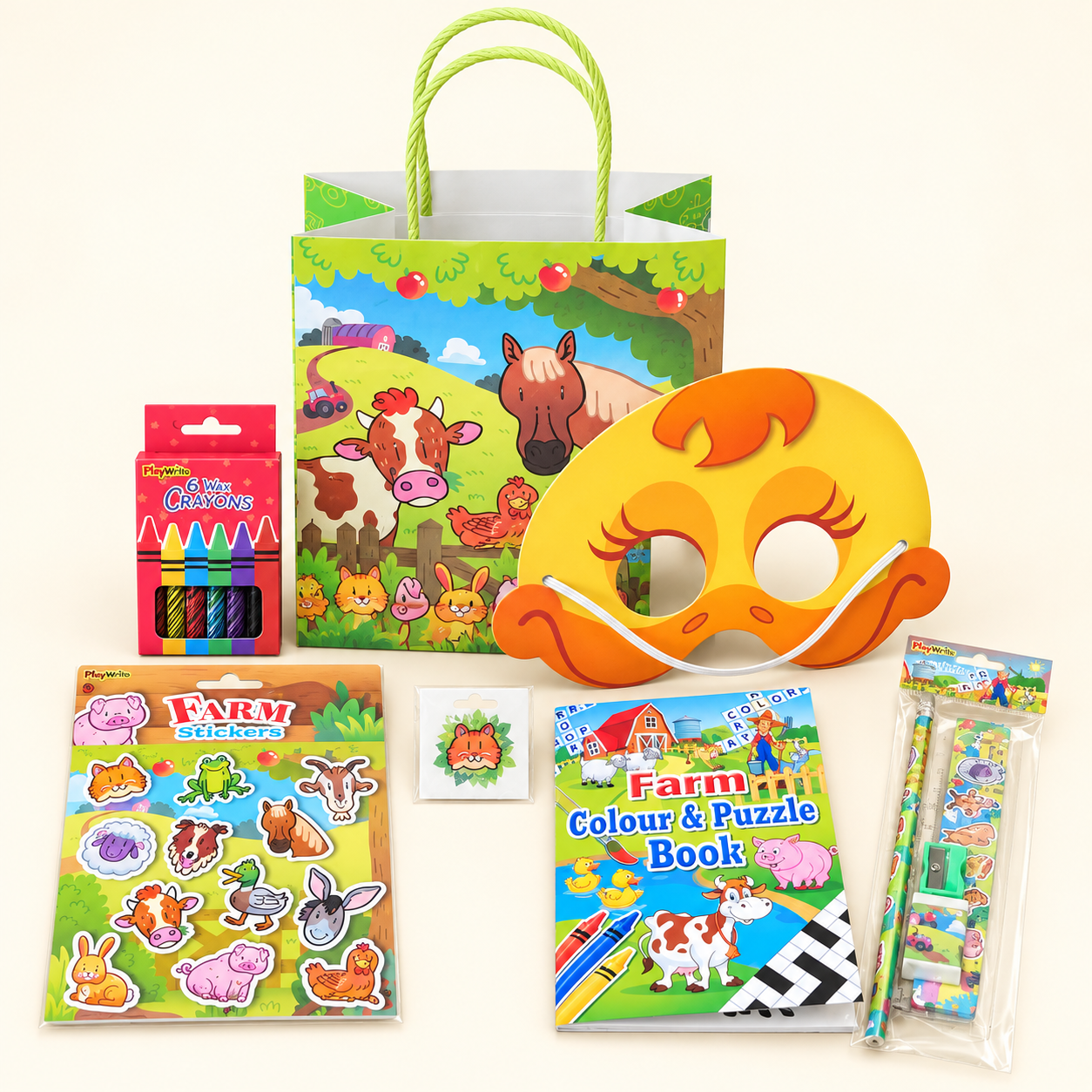 Farm-themed activity bag with mask, stickers, colouring book, crayons and stationery